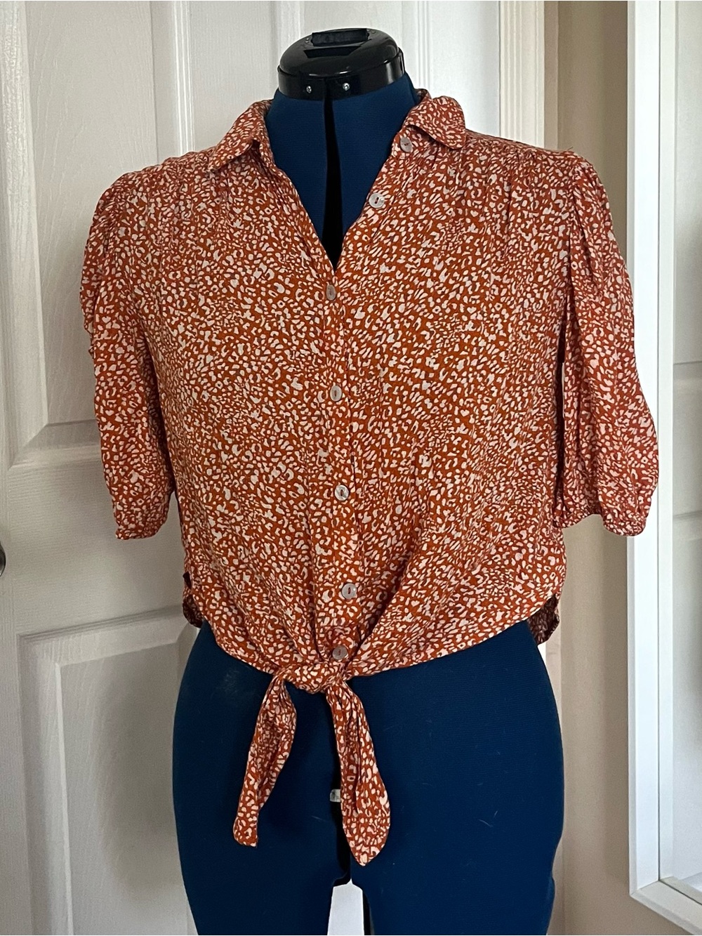 Free People orange floral button up blouse with tie front